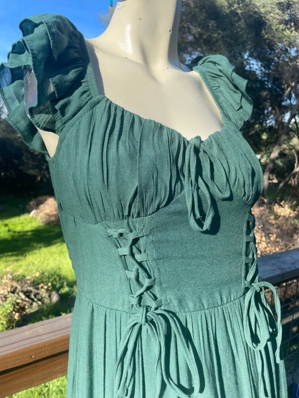 Trixxi Sage Green CottageCore Maxi Dress with Corset Tie and Ruffle Sleeves - Picture 2 of 11